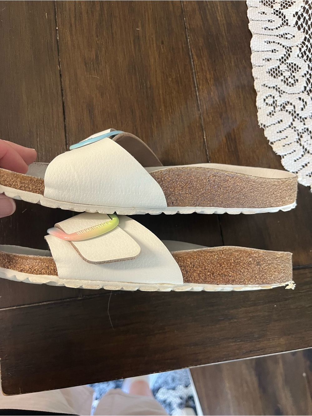 Birkenstock White Slide Sandals with Pastel Ombre Buckles 7-7.5 - Picture 2 of 10